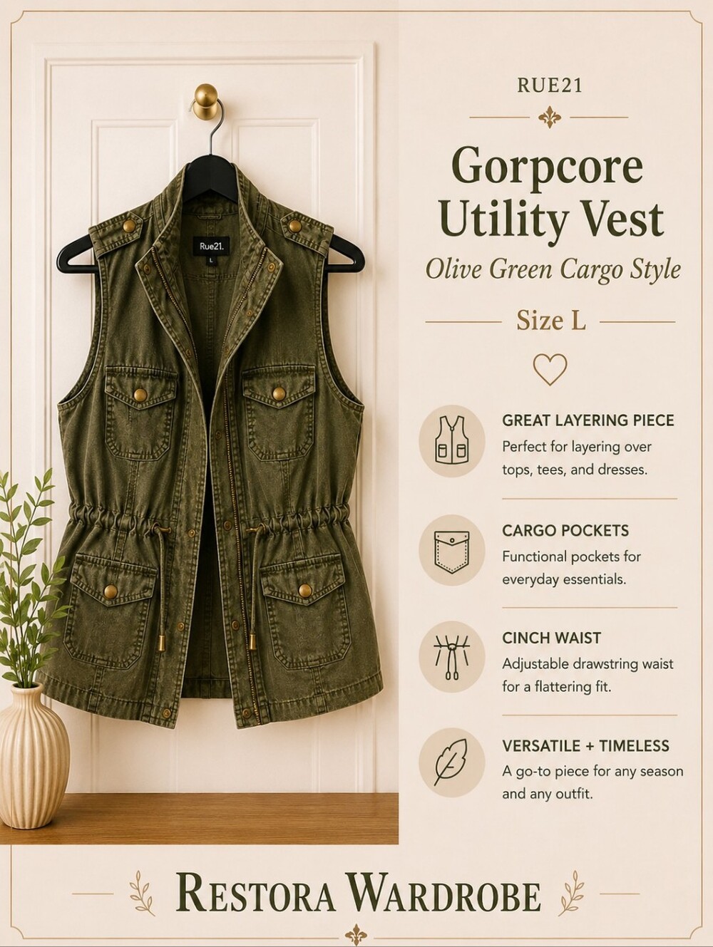 Rue21 Gorpcore Olive Green Cargo Utility Vest Cinch Waist